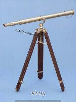 Vintage Brass Telescope With Wooden Tripod Stand Nautical Floor Standing MNM 63