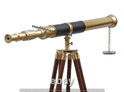 Vintage Brass Telescope With Wooden Tripod Stand Nautical Floor Standing MNM 755