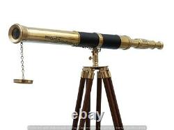 Vintage Brass Telescope With Wooden Tripod Stand Nautical Floor Standing MNM 755