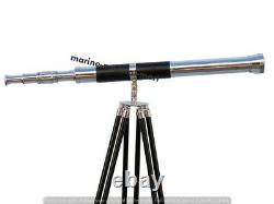 Vintage Brass Telescope With Wooden Tripod Stand Nautical Floor Standing MNM 757
