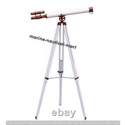 Vintage Brass Telescope With Wooden Tripod Stand Nautical Floor Standing MNM 764