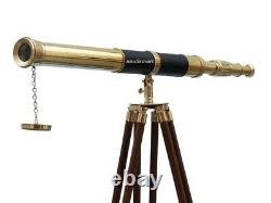 Vintage Brass Telescope With Wooden Tripod Stand Nautical Floor Standing MNM 76