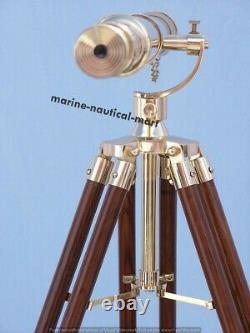 Vintage Brass Telescope With Wooden Tripod Stand Nautical Floor Standing MNM 777