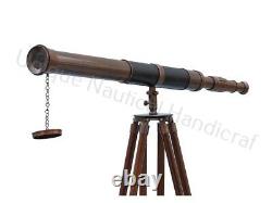 Vintage Brass Telescope With Wooden Tripod Stand Nautical Floor Standing MNM 77