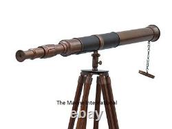 Vintage Brass Telescope With Wooden Tripod Stand Nautical Floor Standing MNM 77