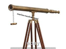 Vintage Brass Telescope With Wooden Tripod Stand Nautical Floor Standing MNM 790