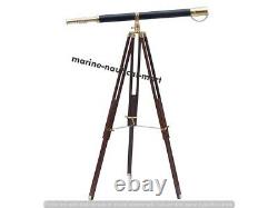 Vintage Brass Telescope With Wooden Tripod Stand Nautical Floor Standing MNM 793