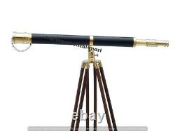 Vintage Brass Telescope With Wooden Tripod Stand Nautical Floor Standing MNM 793