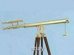 Vintage Brass Telescope With Wooden Tripod Stand Nautical Floor Standing New