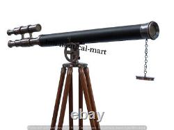 Vintage Brass Telescope With Wooden Tripod Stand Nautical Floor Standing TMI 17