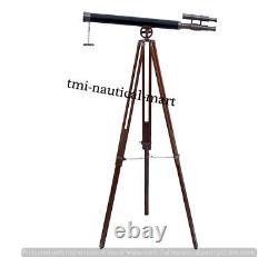 Vintage Brass Telescope With Wooden Tripod Stand Nautical Floor Standing TMI 17