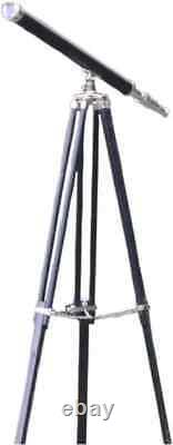 Vintage Brass Telescope Wood Tripod White Leather &Fully Function Nautical Item