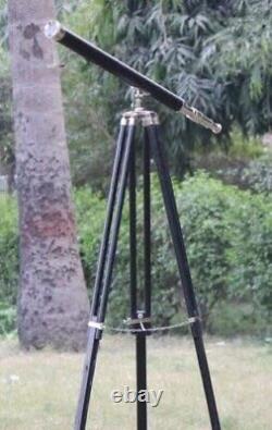 Vintage Brass Telescope Wood Tripod White Leather &Fully Function Nautical Item