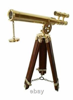 Vintage Brass Telescope with Wooden Tripod Stand Nautical Marine Decor Gift