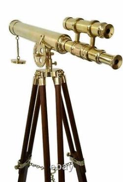 Vintage Brass Telescope with Wooden Tripod Stand Nautical Marine Decor Gift