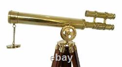 Vintage Brass Telescope with Wooden Tripod Stand Nautical Marine Decor Gift