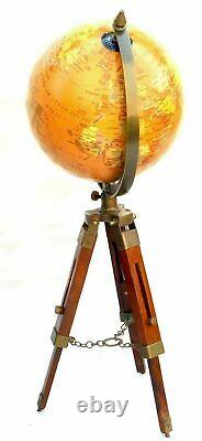 Vintage Brass World Map Table Tripod GLOBE ORNAMENT W Wooden Stand Collectible