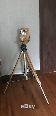 Vintage Burke & James Wooden Camera Tripod Turned Into Lamp With Edison Bulb