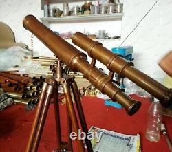 Vintage Chrome Finished Telescope With Wooden Tripod Stand 18Inch Double Barrel