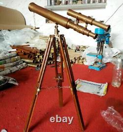 Vintage Chrome Finished Telescope With Wooden Tripod Stand 18Inch Double Barrel