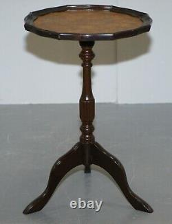 Vintage Circa 1940's Brown Leather Vintage Mahogany Tripod Lamp Side End Table