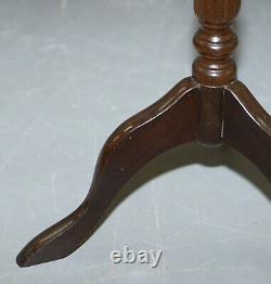 Vintage Circa 1940's Brown Leather Vintage Mahogany Tripod Lamp Side End Table