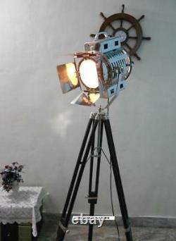Vintage Classic 1950s Black Wooden Tripod Floor lamp Chrome Finish Spot Light