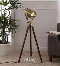 Vintage Corner Lamp Floor Stand Electric Wooden Tripod Adjustable Focus Lam