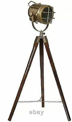 Vintage Corner Lamp Floor Stand Electric Wooden Tripod Adjustable Focus Lam