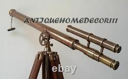 Vintage Decor Antique Maritime Nautical Brass Telescope With Wooden Tripod Stand