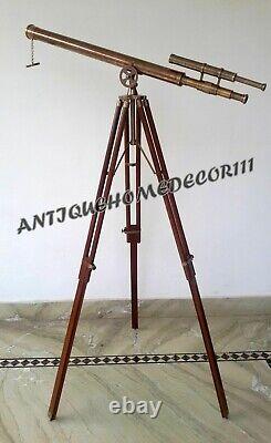Vintage Decor Antique Maritime Nautical Brass Telescope With Wooden Tripod Stand