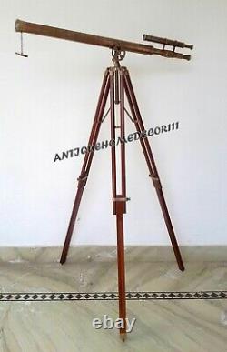 Vintage Decor Antique Maritime Nautical Brass Telescope With Wooden Tripod Stand