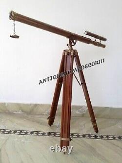 Vintage Decor Antique Maritime Nautical Brass Telescope With Wooden Tripod Stand