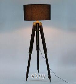 Vintage Decor Floor Shade Lamp Brown Wooden Tripod Stand Classic Design Lamp