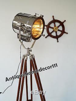 Vintage Decorative Nautical Spot Light Natural Wooden Tripod Floor Lamp Decor