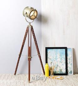 Vintage Design Brass Antique Sheesham Wood And Brass Finish Tripod Floor Lamp
