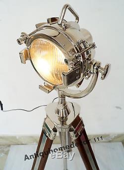 Vintage Designer Chrome Floor Lamp Wooden Tripod Lighting Searchlight Spotlight