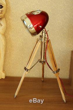 Vintage Desk Lamp From Motorcycle Headlight With Wooden Tripod