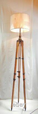 Vintage Dietzgen Wood & Brass Tripod Floor Lamp