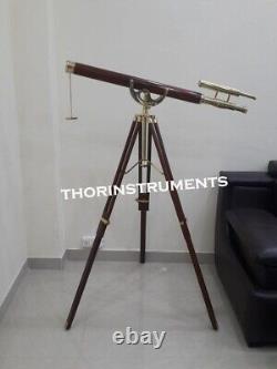 Vintage Double Barrel Telescope 39 With Wooden Tripod Stand Maritime Decor