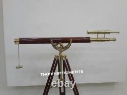 Vintage Double Barrel Telescope 39 With Wooden Tripod Stand Maritime Decor