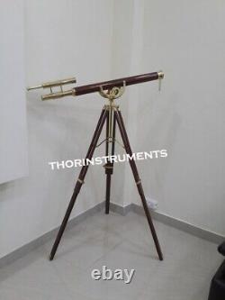 Vintage Double Barrel Telescope 53 With Wooden Tripod Stand Maritime Decor