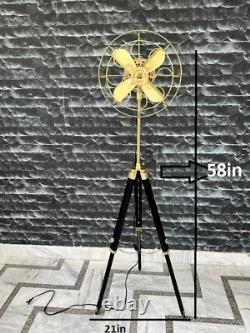 Vintage Fan 14' Electric Tripod Antique Stand Nautical Brass With Wooden Floor