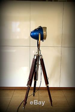 Vintage Floor Lamp From Motorcycle Headlight With Wooden Tripod