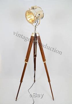 Vintage Floor Lamp Searchlight With Wooden Tripod Maritime Nautical Spot Light
