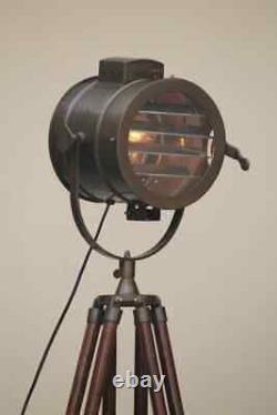 Vintage Floor Lamp With Wooden Tripod Stand Nautical Industrial Searchlight