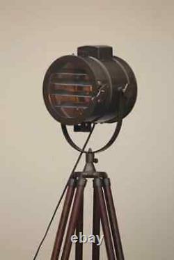 Vintage Floor Lamp With Wooden Tripod Stand Nautical Industrial Searchlight