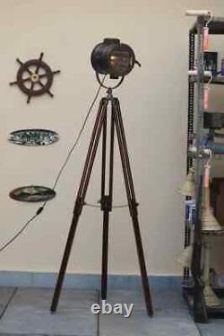 Vintage Floor Lamp With Wooden Tripod Stand Nautical Industrial Searchlight