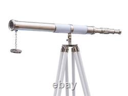 Vintage Floor Standing Chrome with White Leather Telescope Wooden Tripod Stand