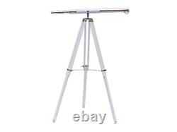 Vintage Floor Standing Chrome with White Leather Telescope Wooden Tripod Stand
